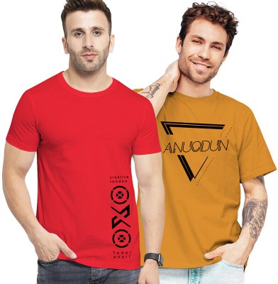 FADMARK Printed Men Round Neck Red, Yellow T-Shirt