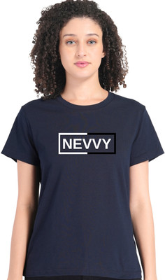 BERRYFIT Printed Women Round Neck Navy Blue T-Shirt