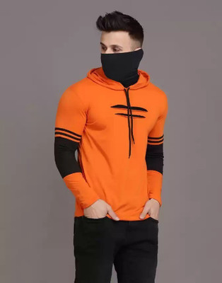 Design By Highlance Colorblock Men Hooded Neck Black, Orange T-Shirt