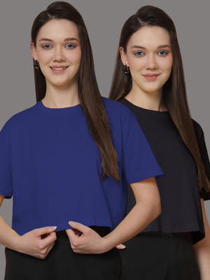 FRISKERS Solid Women Round Neck Black, Blue T-Shirt