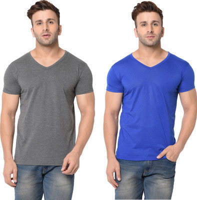 Adorbs Trend Solid Men V Neck Blue, Grey T-Shirt