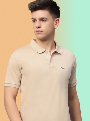 RISS CLOTHING Solid Men Polo Neck Beige T-Shirt