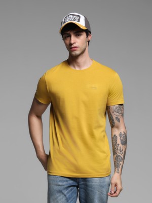 JACK & JONES Solid Men Round Neck Yellow T-Shirt