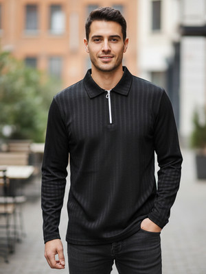 BANSII Self Design Men Zip Neck Black T-Shirt
