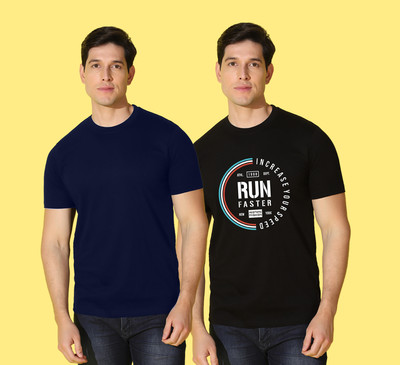 WOOSTRO Printed, Solid Men Round Neck Blue, Black T-Shirt