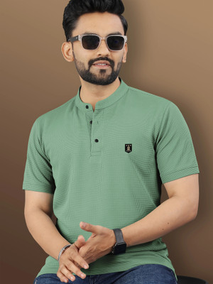 VeBNoR Solid Men Mandarin Collar Light Green T-Shirt