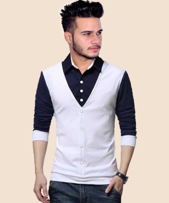 PEAK MOUNT Solid Men Polo Neck White, Navy Blue T-Shirt