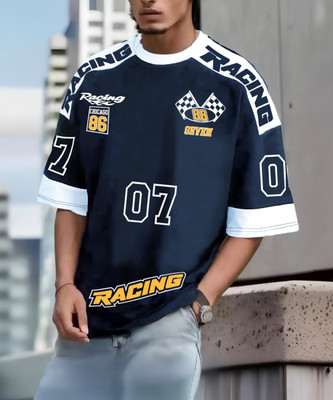 Jump Cuts Printed Men Round Neck Dark Blue T-Shirt