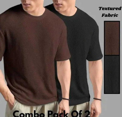 BOOM BAAM Solid Men Round Neck Maroon, Green T-Shirt