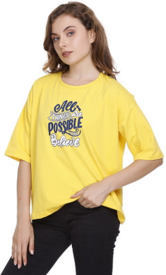 URBE Printed, Typography Women Round Neck Yellow T-Shirt