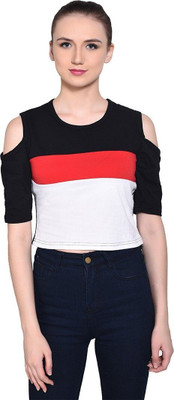 GEUM Colorblock Women Round Neck Red, White, Black T-Shirt
