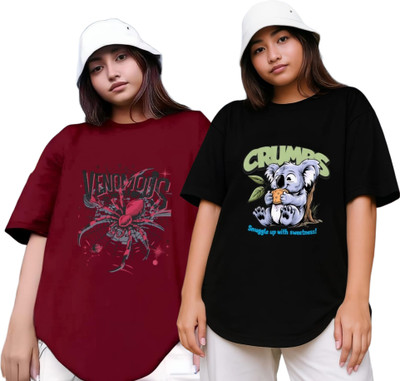 RS FASHION Printed Women Round Neck Maroon, Black T-Shirt