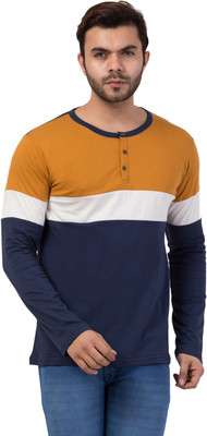 Styvibe Colorblock Men Henley Neck White, Blue, Yellow T-Shirt