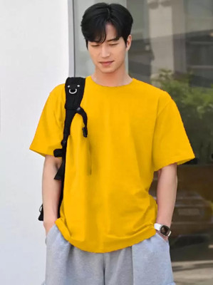 Wanglet Solid Men Round Neck Yellow T-Shirt