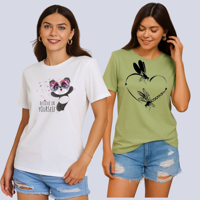 Lecowar Printed Women Round Neck White, Green T-Shirt