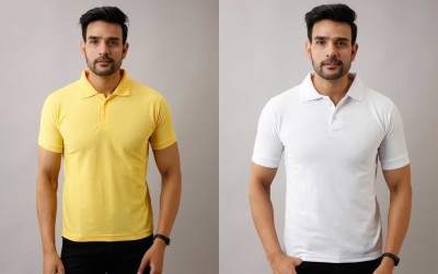 Silver Swan Solid Men Polo Neck Yellow, White T-Shirt