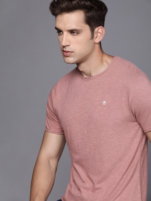 WROGN Solid Men Round Neck Pink T-Shirt