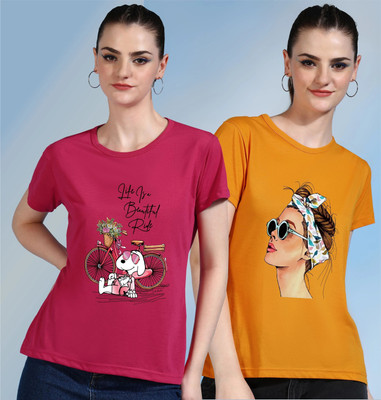 LeeBurg Printed Women Round Neck Pink, Yellow T-Shirt