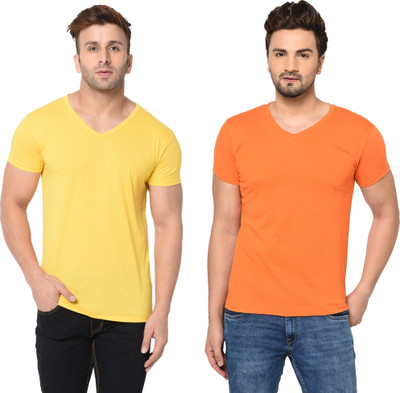 Moordale Fab Solid Men V Neck Orange, Yellow T-Shirt