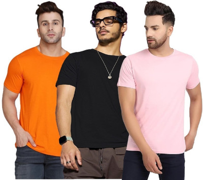 FIVEFEB Solid Men Round Neck Orange, Black, Pink T-Shirt