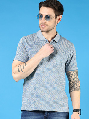 V-MART Printed Men Polo Neck Blue T-Shirt