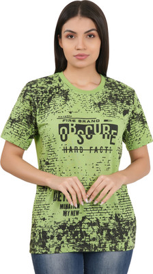 SHAUN Printed Women Round Neck Green T-Shirt