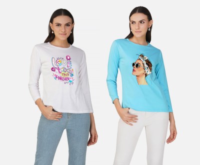 CHOZI Printed Women Round Neck White, Light Blue T-Shirt