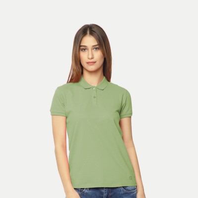 radprix Solid Women Polo Neck Light Green T-Shirt