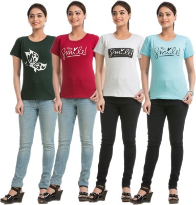 STYLE AK Animal Print, Typography Women Round Neck Green, Maroon, Grey, Red T-Shirt