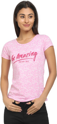 V-MART Typography Women Round Neck Pink T-Shirt