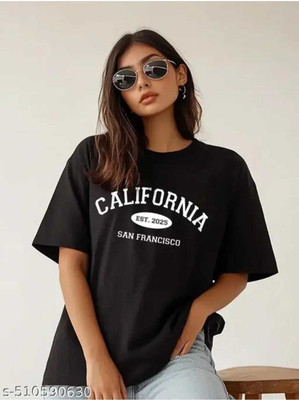 SHARKS CLUB Printed, Typography Women Round Neck Reversible Black T-Shirt