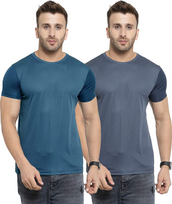 UDI n ADI Solid Men Round Neck Dark Blue, Grey T-Shirt