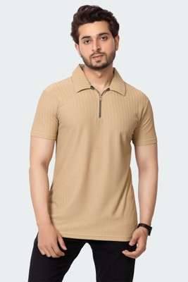 HILFIRE REGION Self Design Men Zip Neck Beige T-Shirt