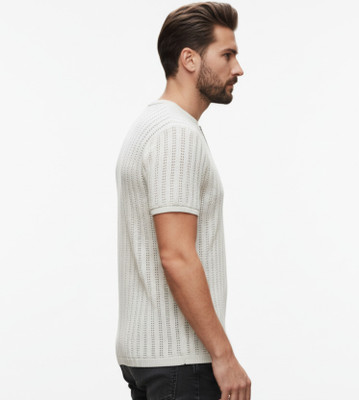 BEERHUNK Self Design Men Zip Neck Reversible Beige T-Shirt