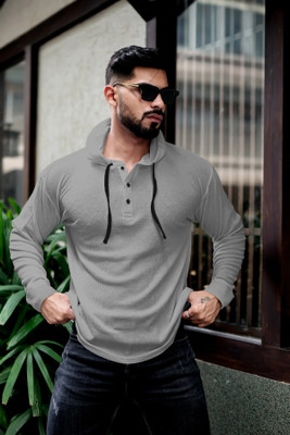 HOODLER Solid Men Hooded Neck Grey T-Shirt