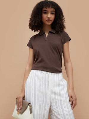 Fame Forever by Lifestyle Solid Women Polo Neck Brown T-Shirt