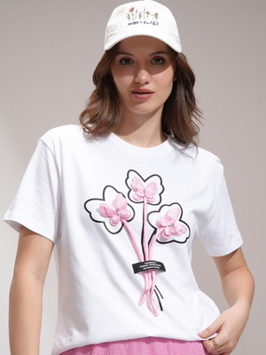 Tokyo Talkies Self Design Women Round Neck White T-Shirt