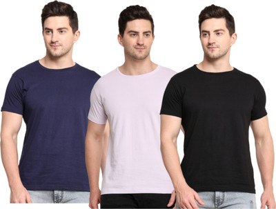 PATEL HUB Solid Men Crew Neck Navy Blue, Purple, Black T-Shirt