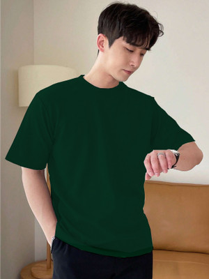 FATICHAR Solid Men Round Neck Dark Green T-Shirt