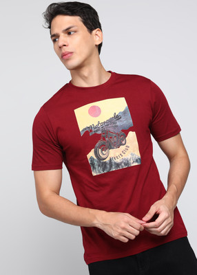 RUF AND TUF Printed Men Round Neck Maroon T-Shirt