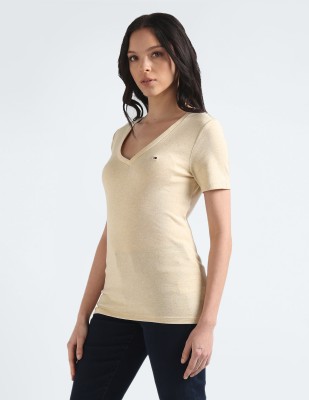 TOMMY HILFIGER Solid Women Crew Neck Beige T-Shirt