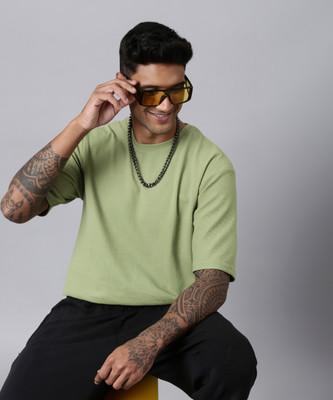 LEWEL Solid Men Round Neck Light Green T-Shirt