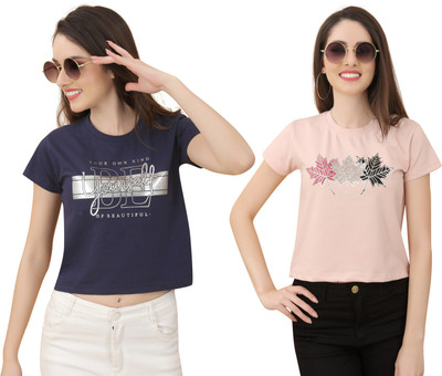 vfesta Typography Women Round Neck Dark Blue T-Shirt