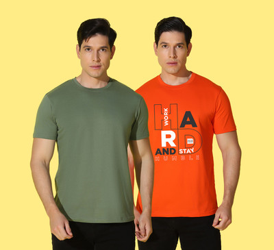 WOOSTRO Solid, Typography Men Round Neck Orange, Green T-Shirt