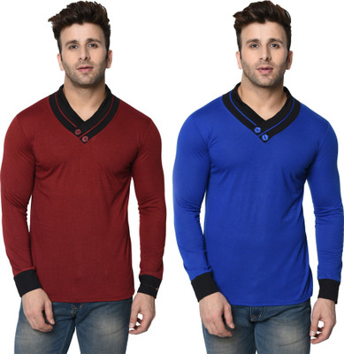 Tresna Trendy Colorblock Men Shawl Neck Maroon, Blue T-Shirt