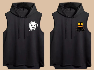 KUGDIT Printed Men Hooded Neck Black T-Shirt