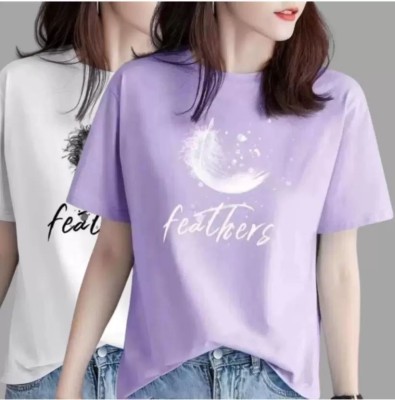 ETZYCLOTHING Printed Women Round Neck Purple, White T-Shirt