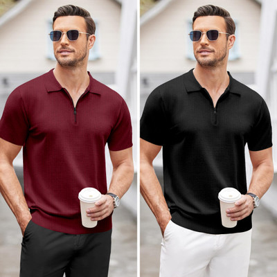 trueoath Solid, Self Design Men Polo Neck Maroon, Black T-Shirt