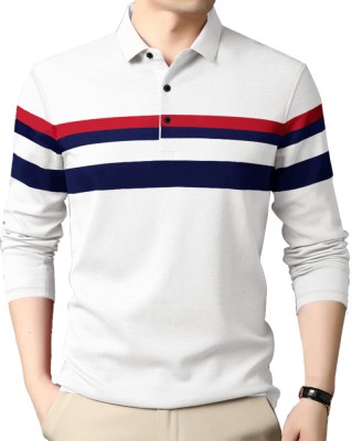 EyeBogler Striped Men Polo Neck Dark Blue T-Shirt