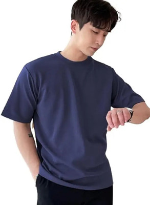 Nilan Impex Solid Men Round Neck Navy Blue T-Shirt